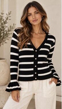 Lauren Ralph Lauren Cardigan L Black White Stripe Bell Sleeve Cotton Pearl